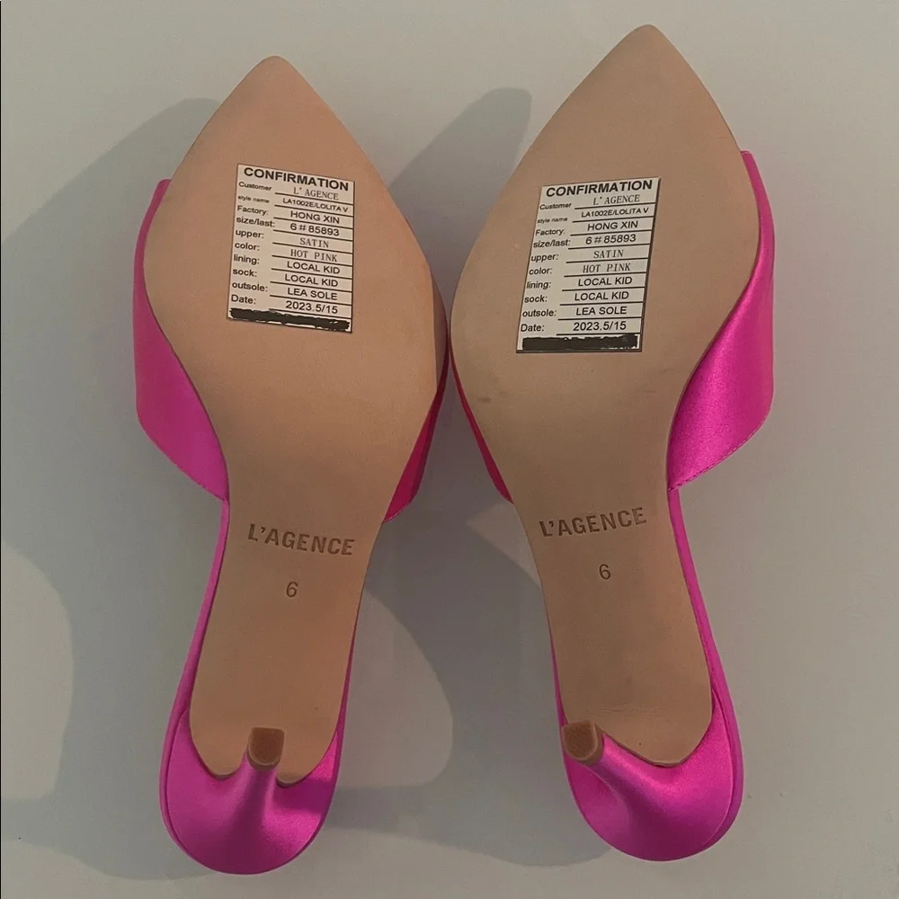 New L'AGENCE Fuchsia Slip On Satin Mules Heels Size 6 - Picture 6 of 8